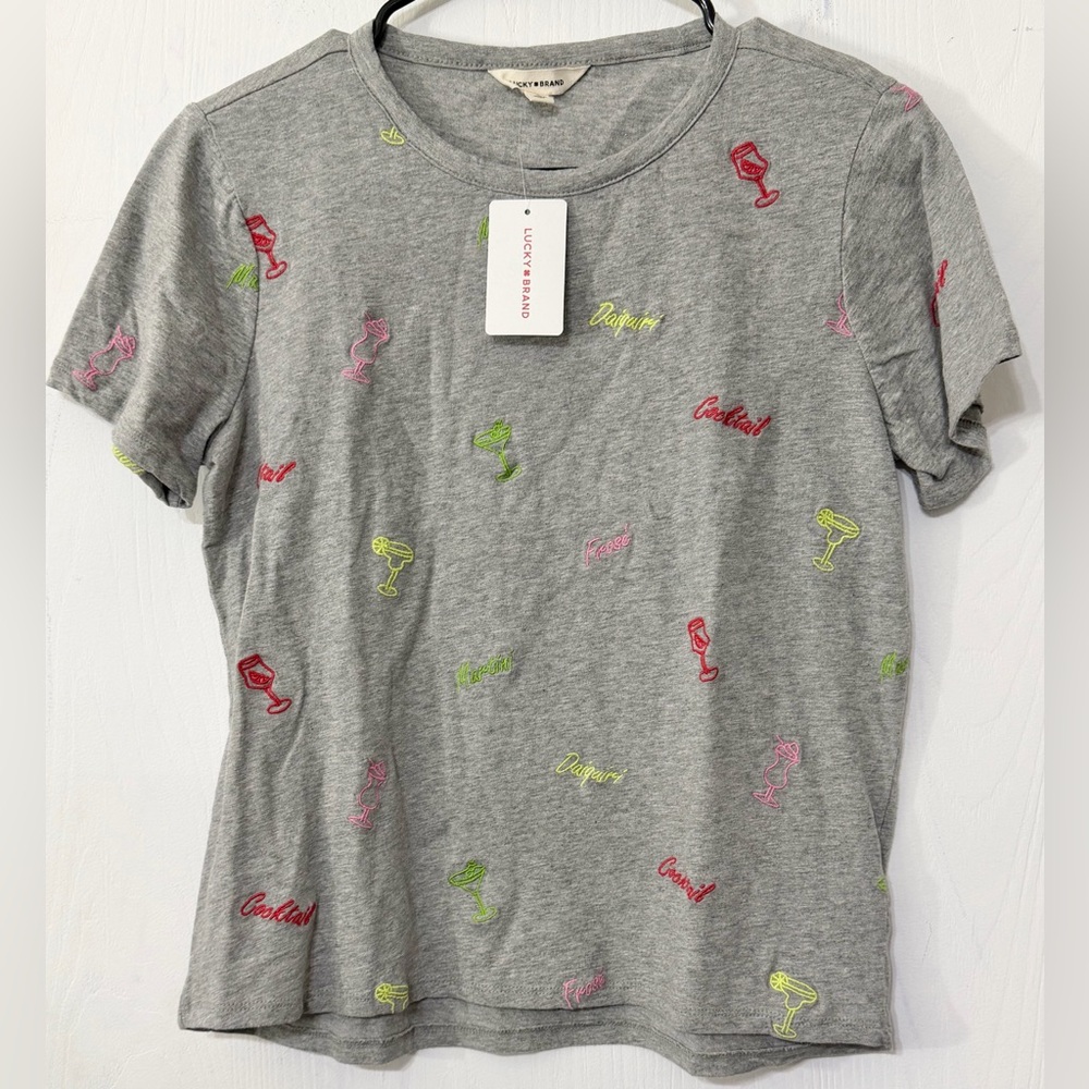 Lucky Brand Embroidered Cocktail Drinks T Shirt Crop Tee